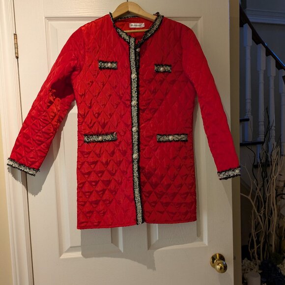Red Quilted Jacket with Tweed accents and pearl buttons - Picture 1 of 9